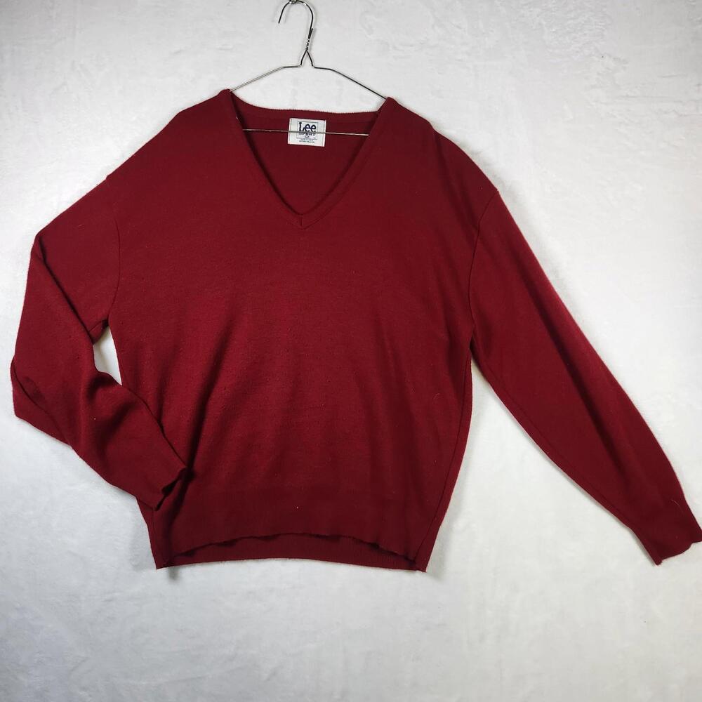 Lee Sport Red V Neck Sweater Mens XL USA Made Lightweight Knit‎ Pullover